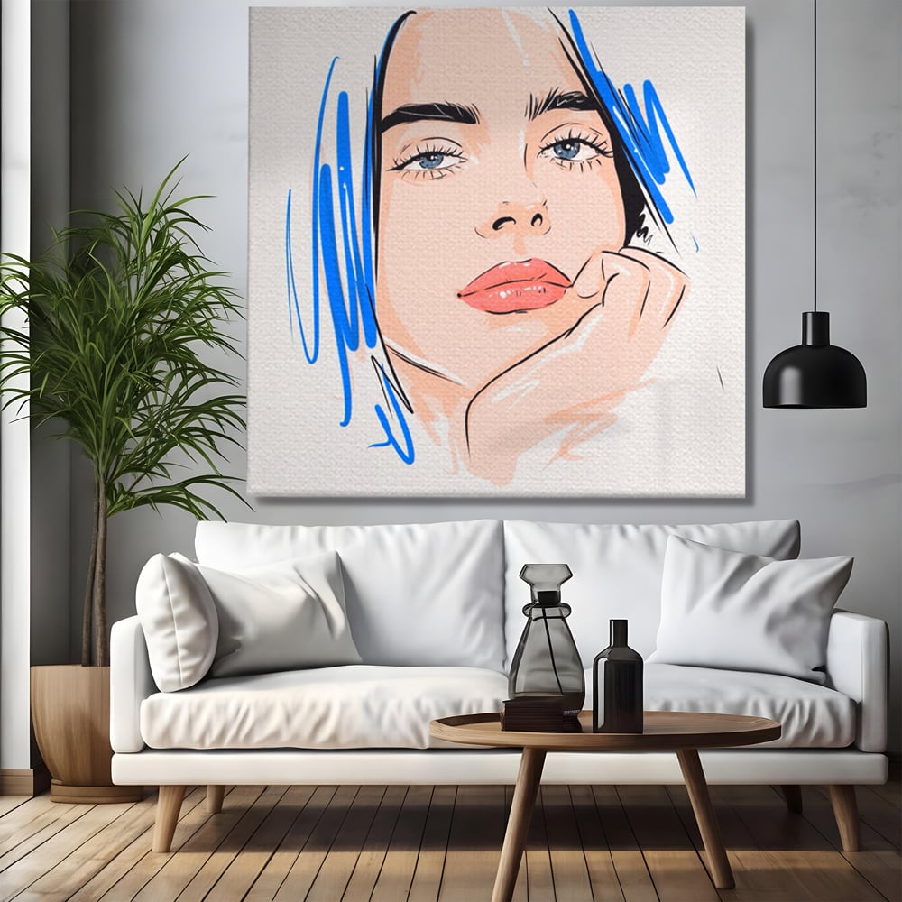 Tablou canvas cu ilustratie portret fata visatoare, fara rama, pe sasiu de lemn, pe perete intr-un living